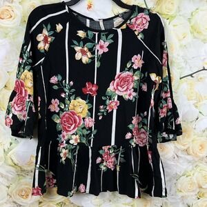Lime N Chili Baby Doll Top Shirt Women's Sz SMALL Ruffle Floral Tunic 3/4 Sleeve